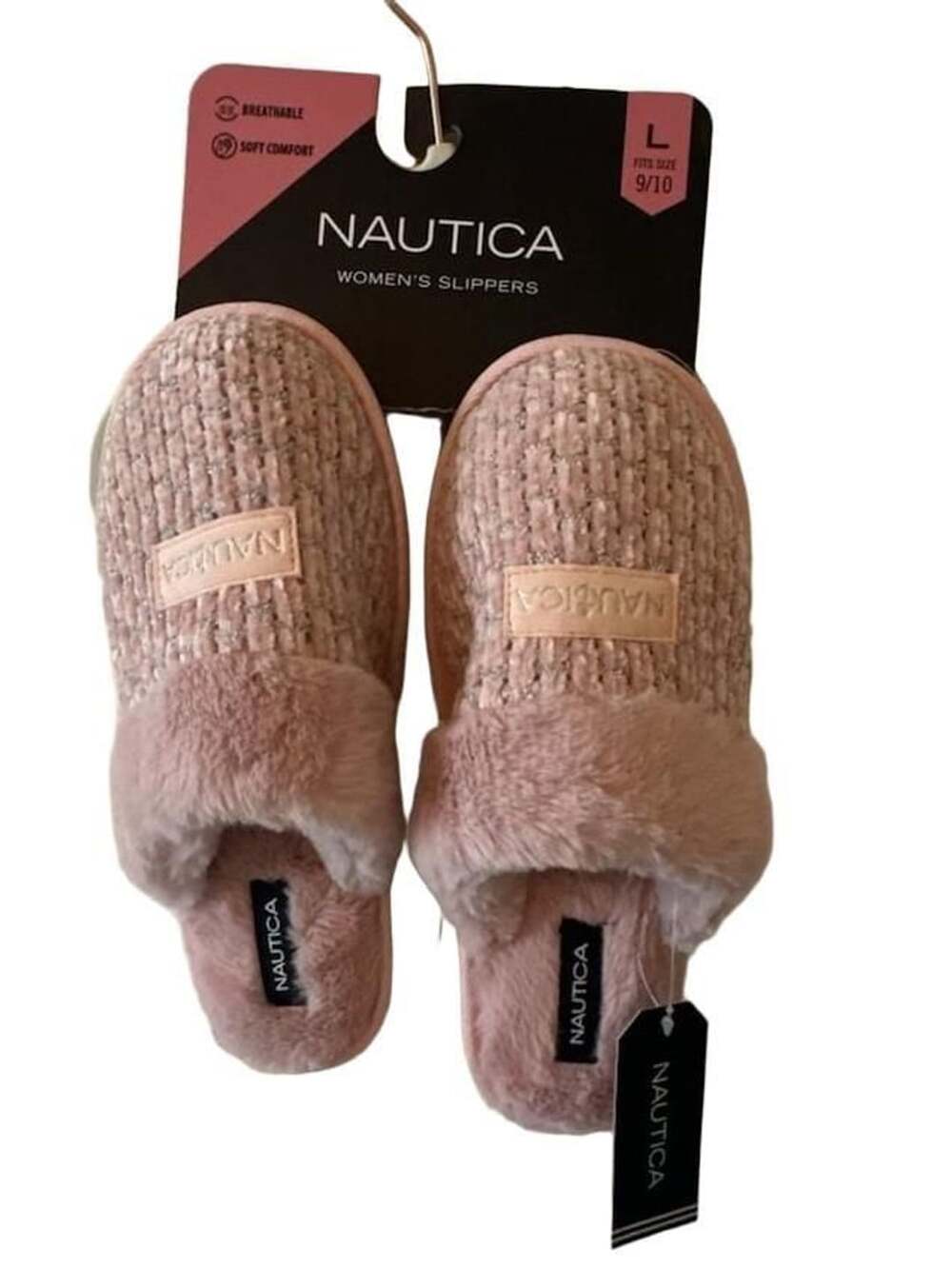 Nautica Women's Cayer Sparkle Faux Fur Indoor Outdoor Scuff Slippers Pink Size L